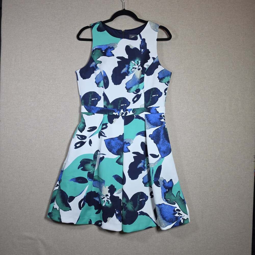 Vince Camuto Navy Floral Sz 12 Fit & Flare  Stretch Sleeveless Dress Event